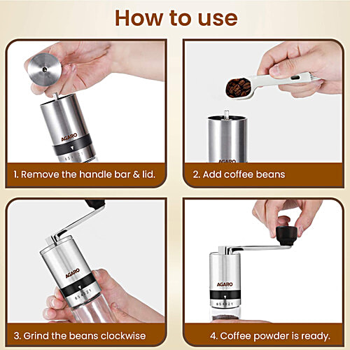 Agaro Elite Manual Coffee Grinder - Ceramic, With Glass Jar, 6 Adjustable Settings, Stainless Steel Body, Tooth Handle, No Power, Whole Bean, Drip Coffee, Espresso, Silver, 1 pc