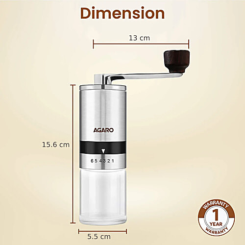 Agaro Elite Manual Coffee Grinder - Ceramic, With Glass Jar, 6 Adjustable Settings, Stainless Steel Body, Tooth Handle, No Power, Whole Bean, Drip Coffee, Espresso, Silver, 1 pc