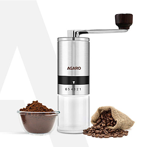 Agaro Elite Manual Coffee Grinder - Ceramic, With Glass Jar, 6 Adjustable Settings, Stainless Steel Body, Tooth Handle, No Power, Whole Bean, Drip Coffee, Espresso, Silver, 1 pc