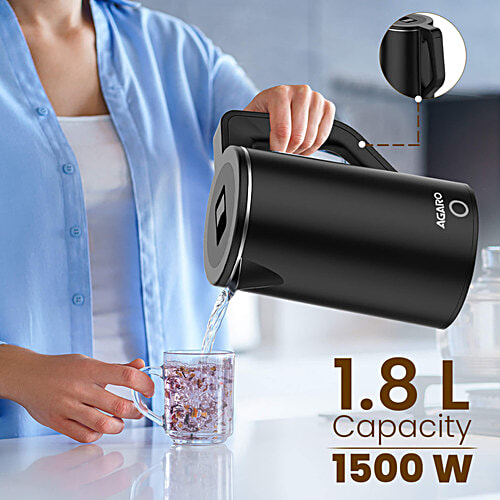Agaro Elegant Premium 1500 W Electric Kettle - XL, Cool Touch Handle, Double Layered, Stainless Steel Inner Body, Auto Shut Off, Portable, Black, 1.8 L