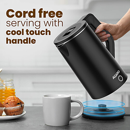 Agaro Elegant Premium 1500 W Electric Kettle - XL, Cool Touch Handle, Double Layered, Stainless Steel Inner Body, Auto Shut Off, Portable, Black, 1.8 L