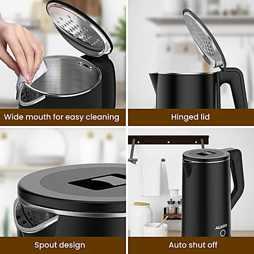 Agaro Elegant Premium 1500 W Electric Kettle - XL, Cool Touch Handle, Double Layered, Stainless Steel Inner Body, Auto Shut Off, Portable, Black, 1.8 L