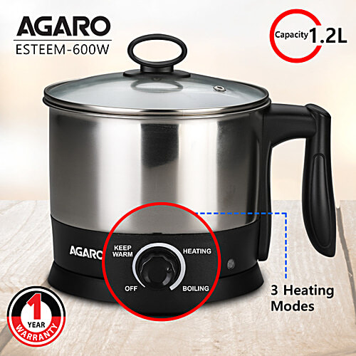 Agaro Esteem 600W Multi Kettle - With 3 Heating Modes & Rapid Boil Technology, Silver, 1.2 L