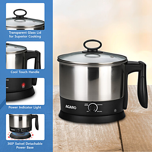 Agaro Esteem 600W Multi Kettle - With 3 Heating Modes & Rapid Boil Technology, Silver, 1.2 L