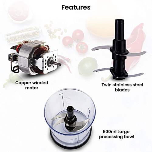 Agaro Electric Chopper 400 W - Vegetable Chopper, Cutter, 100% Pure Copper Motor, Chop, Mince, Dice, Twin Stainless-Steel Blade, One Touch Operation, Elegant, Black, 500 ml  