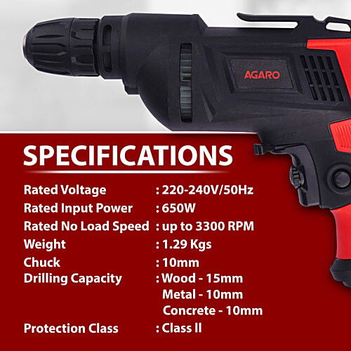 Agaro ED2103 650W Corded Electric Drill Machine - 3300RPM, Home DIY & Professional Use, Red/Black, 1 pc
