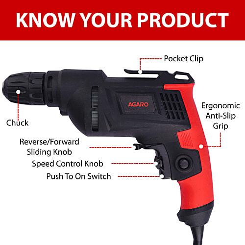 Agaro ED2103 650W Corded Electric Drill Machine - 3300RPM, Home DIY & Professional Use, Red/Black, 1 pc
