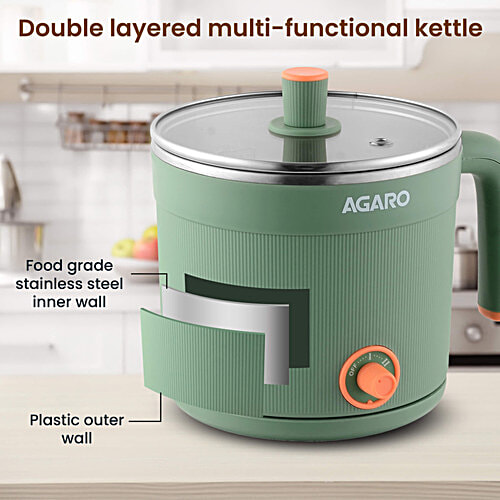 Agaro Regency 600W Multi Cook Kettle - With Steamer, Inner Pot, Double Layered Body, Variable Temperature Settings, Wide Mouth, Boiling, Steaming, Tea, Coffee, Egg, Vegetable Boiling, Sea Green, 1.2 L  