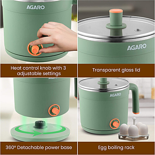 Agaro Regency 600W Multi Cook Kettle - With Steamer, Inner Pot, Double Layered Body, Variable Temperature Settings, Wide Mouth, Boiling, Steaming, Tea, Coffee, Egg, Vegetable Boiling, Sea Green, 1.2 L  