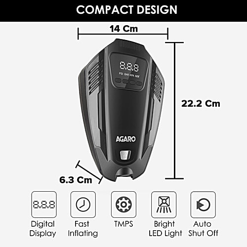 Agaro Primo 120 W Digital Tyre Inflator - With Emergency Light, 12V Car Plug, Upto 150 PSI, Compact & Portable, 1 pc