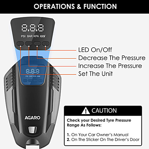Agaro Primo 120 W Digital Tyre Inflator - With Emergency Light, 12V Car Plug, Upto 150 PSI, Compact & Portable, 1 pc