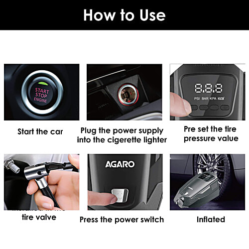 Agaro Primo 120 W Digital Tyre Inflator - With Emergency Light, 12V Car Plug, Upto 150 PSI, Compact & Portable, 1 pc