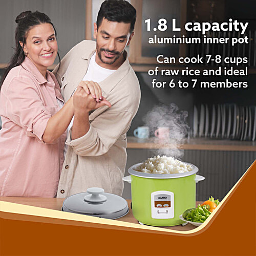 Agaro Marvel 700W Electric Rice Cooker -  Automatic Boiler, Steamer, Removable Aluminium Pot, Stainless Steel Lid, Keep Warm Function, Trivet Plate, Rice, Veggies, Green, 1.8 L  