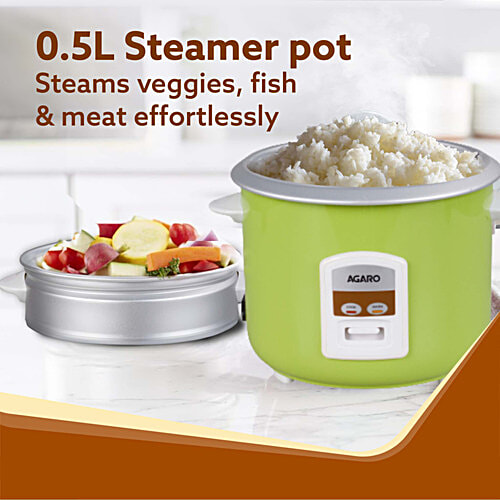 Agaro Marvel 700W Electric Rice Cooker -  Automatic Boiler, Steamer, Removable Aluminium Pot, Stainless Steel Lid, Keep Warm Function, Trivet Plate, Rice, Veggies, Green, 1.8 L  