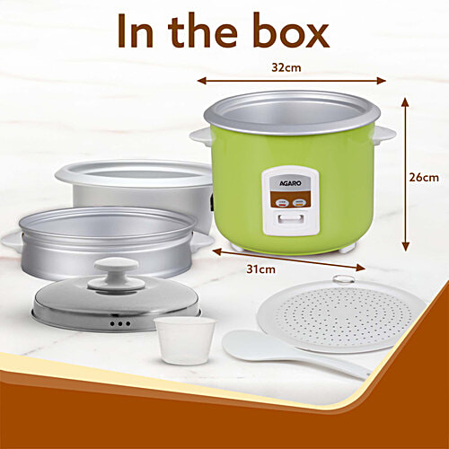Agaro Marvel 700W Electric Rice Cooker -  Automatic Boiler, Steamer, Removable Aluminium Pot, Stainless Steel Lid, Keep Warm Function, Trivet Plate, Rice, Veggies, Green, 1.8 L  