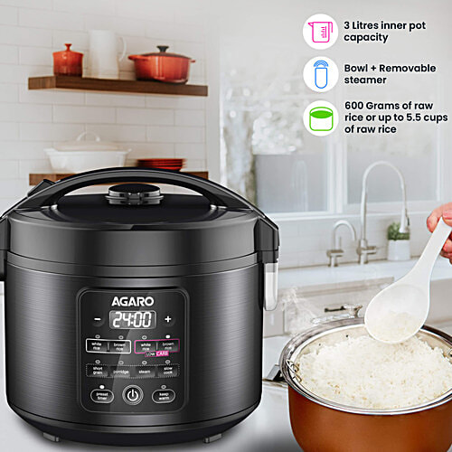 Agaro Regal Electric Rice Cooker - Ceramic Inner Bowl, SS Steamer, Preset Cooking Functions, Preset Timer, Keep Warm Function, LED Display, Black, 3 L