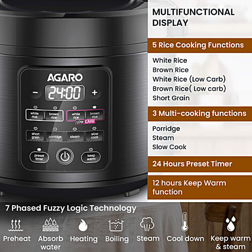 Agaro Regal Electric Rice Cooker - Ceramic Inner Bowl, SS Steamer, Preset Cooking Functions, Preset Timer, Keep Warm Function, LED Display, Black, 3 L