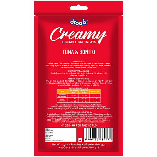 Drools Creamy Tuna & Bonito Lickable Cat Treat, 75 g (5 x 15 g) Creamy Lickable
High Quality Ingredients
Nutritious Flavours