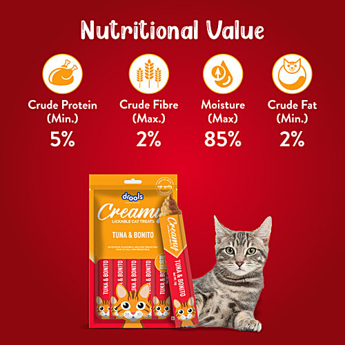 Drools Creamy Tuna & Bonito Lickable Cat Treat, 75 g (5 x 15 g) Creamy Lickable
High Quality Ingredients
Nutritious Flavours