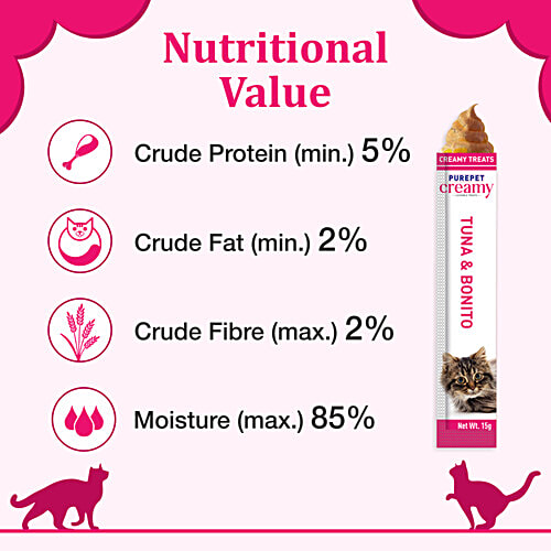 Purepet Creamy Tuna & Bonito Cat Lickable Treats, 75 g (5 x15 g) Creamy Treats
Delightful Mousse
Irresistible Flavour