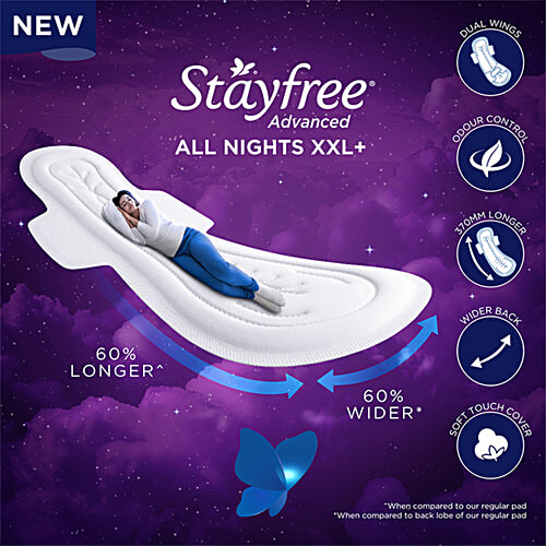 STAYFREE All Nights Soft Touch Advanced Thick Sanitary Napkins XXL+, 16 pcs  