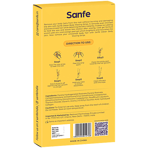 Sanfe Detan Wax Strips Effortlessly Removes Tan & Body Hair, Enjoy Smooth, Radiant Skin, 20 pcs  Orange Gel Peel For , Grips Short Hair, Reduces Short Hair & Irritation, Gentle & Prevents Tears