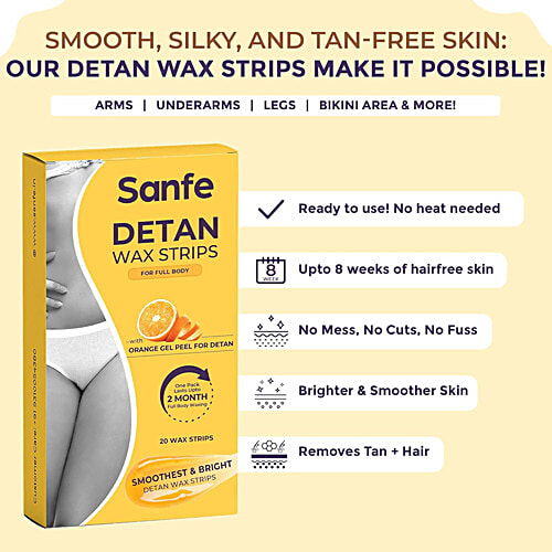 Sanfe Detan Wax Strips Effortlessly Removes Tan & Body Hair, Enjoy Smooth, Radiant Skin, 20 pcs  Orange Gel Peel For , Grips Short Hair, Reduces Short Hair & Irritation, Gentle & Prevents Tears