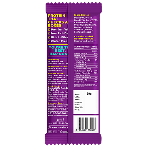 Yoga Bar 10 g Protein Bar - Blueberry Blast, Gluten-Free, Raw Cold Pressed, Date Unsweetened, Premium Whey, 50 g Healthy Protein Snacks Protein Bars,