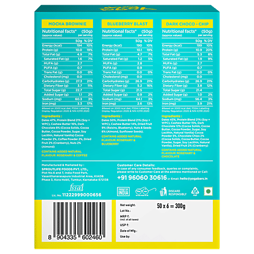 Yoga Bar 10 g Protein Bar Variety Pack Assorted - Gluten-Free, Healthy Snacks, Raw Cold Pressed, Date Unsweetened, Premium Whey, 300 g (6 N x 50 g each)