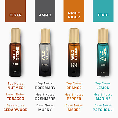 Wild Stone Cigar, Ammo, Night Rider & Edge Perfume Combo For Men, Long Lasting Smell, 80 ml (4 N X 20 ml each) 