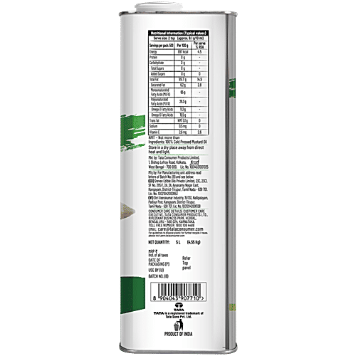 Tata Simply Better Pure & Unrefined Cold Pressed Mustard Oil, Naturally Cholesterol Free, 5 L  Extracted From A1 Grade Mustard Seeds