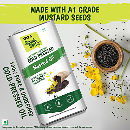 Tata Simply Better Pure & Unrefined Cold Pressed Mustard Oil, Naturally Cholesterol Free, 5 L  Extracted From A1 Grade Mustard Seeds
