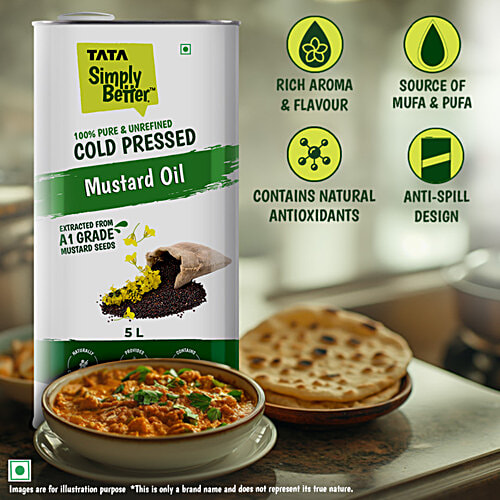 Tata Simply Better Pure & Unrefined Cold Pressed Mustard Oil, Naturally Cholesterol Free, 5 L  Extracted From A1 Grade Mustard Seeds