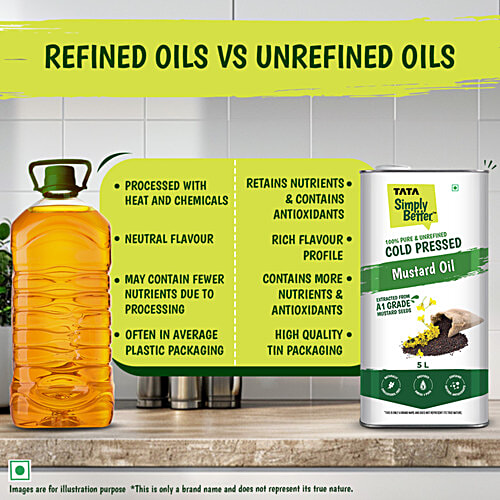 Tata Simply Better Pure & Unrefined Cold Pressed Mustard Oil, Naturally Cholesterol Free, 5 L  Extracted From A1 Grade Mustard Seeds