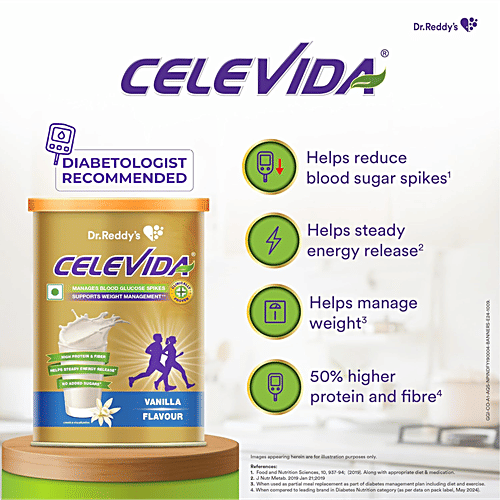 Dr Reddy's Celevida Protein Powder Drink For Diabetes Management - Vanilla Flavour, 400 g Jar No Added Sugar, Plant Based, For Sugar Control, Weight Management & Immunity Support