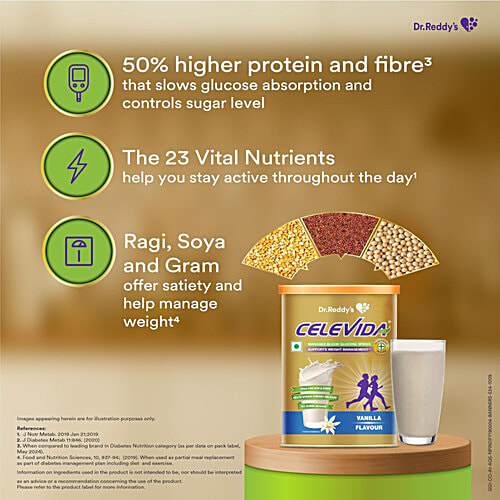 Dr Reddy's Celevida Protein Powder Drink For Diabetes Management - Vanilla Flavour, 400 g Jar No Added Sugar, Plant Based, For Sugar Control, Weight Management & Immunity Support