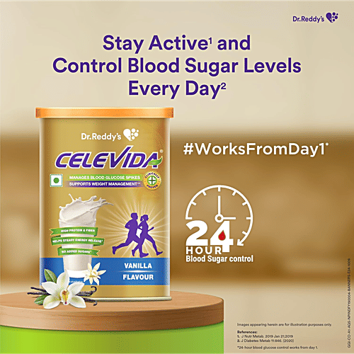 Dr Reddy's Celevida Protein Powder Drink For Diabetes Management - Vanilla Flavour, 400 g Jar No Added Sugar, Plant Based, For Sugar Control, Weight Management & Immunity Support