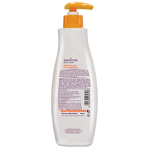 Santoor Whitening & UV Protection Body Lotion - Sandalwood & Sakura Extracts, 400 ml  
