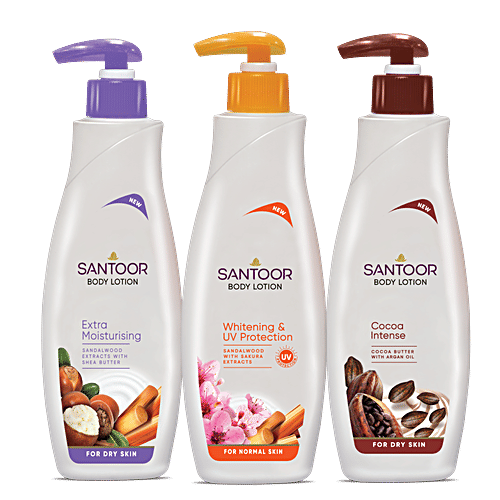 Santoor Whitening & UV Protection Body Lotion - Sandalwood & Sakura Extracts, 400 ml  