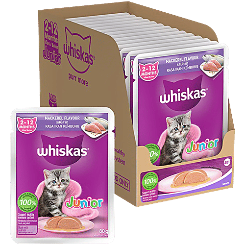 Whiskas Junior Kitten Mackerel Flavour Wet Cat Food - 2-12 Months, 1.12 kg (Pack of 14 x 80 g) Mackerel Flavour
Complete Nutrition