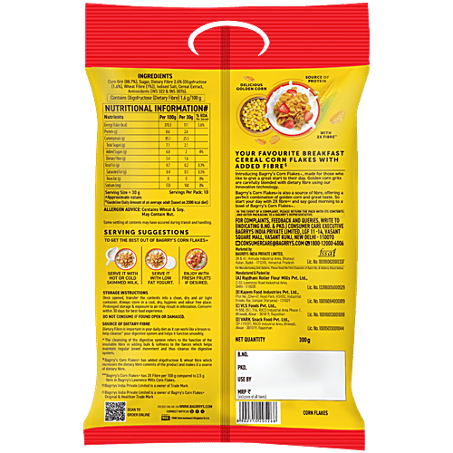 Bagrry's Corn Flakes Plus - Original & Healthier, Low Fat & Cholesterol, High Fibre, Breakfast Cereal, 300 g Pouch All Natural Corn Flakes