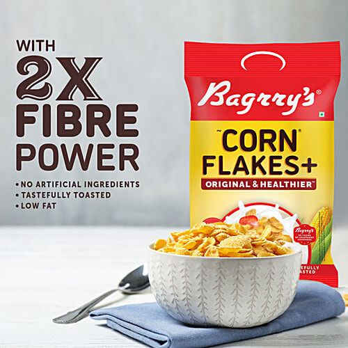 Bagrry's Corn Flakes Plus - Original & Healthier, Low Fat & Cholesterol, High Fibre, Breakfast Cereal, 300 g Pouch All Natural Corn Flakes