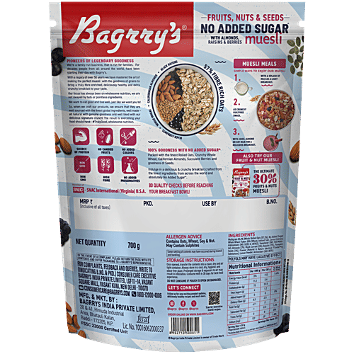 Bagrry's No Added Sugar Muesli Fruits, Nuts & Seeds - Whole Grain Breakfast Cereal, Almonds, Raisins & Berries, 700 g Pouch Helps Manage Weight, No Sugar Infused Berries, No Added Preservatives