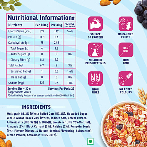 Bagrry's No Added Sugar Muesli Fruits, Nuts & Seeds - Whole Grain Breakfast Cereal, Almonds, Raisins & Berries, 700 g Pouch Helps Manage Weight, No Sugar Infused Berries, No Added Preservatives
