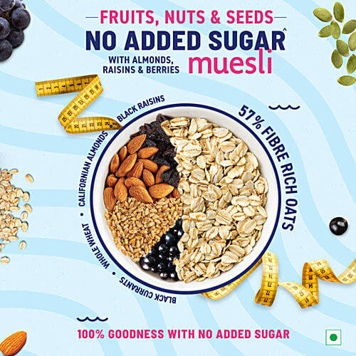 Bagrry's No Added Sugar Muesli Fruits, Nuts & Seeds - Whole Grain Breakfast Cereal, Almonds, Raisins & Berries, 700 g Pouch Helps Manage Weight, No Sugar Infused Berries, No Added Preservatives