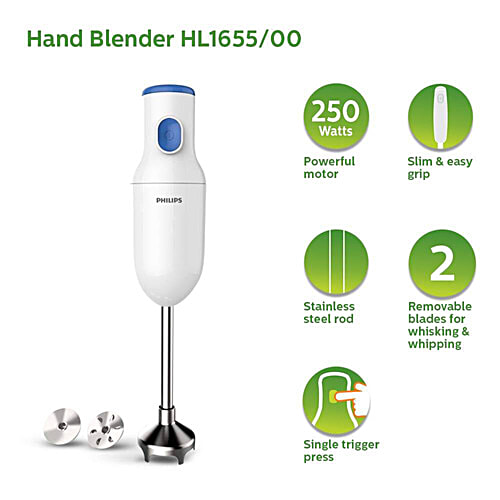 Philips India Daily Collection 250 Watt Hand Blender with 2 Attachments (Safety Carry Lock, Blue & White), 1 Unit  