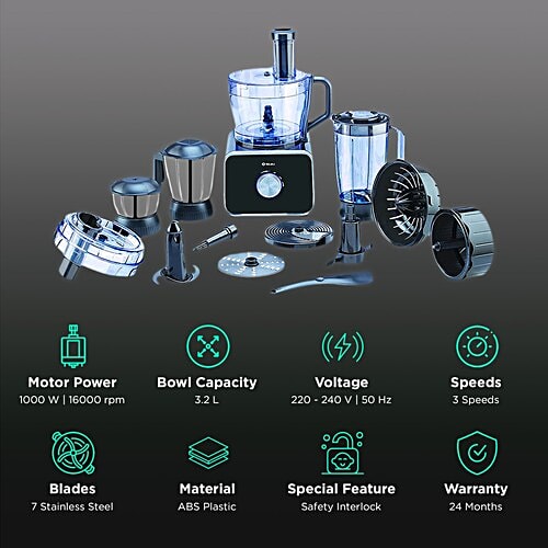 Bajaj BAJAJ FX 1000 DLX 1000 Watt Food Processor with 6 Blades (Black), 1 Unit  