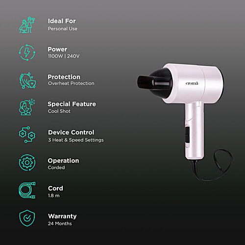 Croma Hair Dryer with 3 Heat Settings & Cool Shot (Overheat Protection, Pink), 1 Unit  