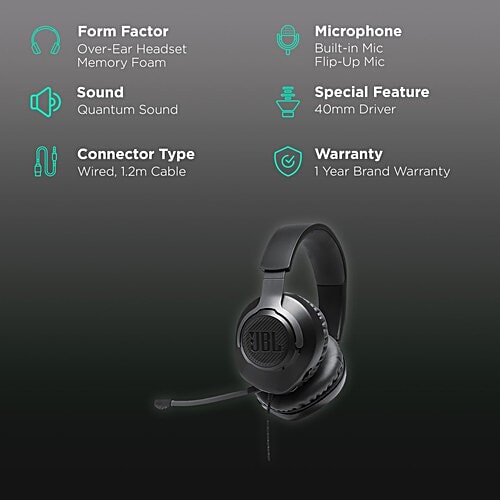 JBL JBL Quantum 100 JBLQUANTUM100BLK Wired Headphone with Mic (3.5 mm Connector, On Ear, Black), 1 Unit