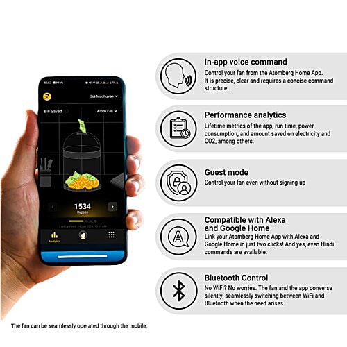 Atomberg atomberg Renesa Smart Plus 5 Star 1200mm 3 Blade BLDC Motor Smart Ceiling Fan with Remote (Alexa & Google Assistant, Golden Oakwood), 1 Unit  